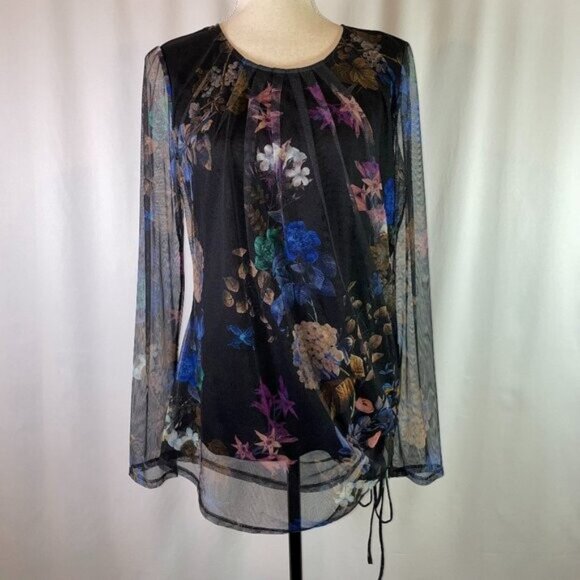 long tall sally Tops - Long Tall Sally Sheer Floral Top Lined Side Ruching Long Sleeves Size S / M TALL